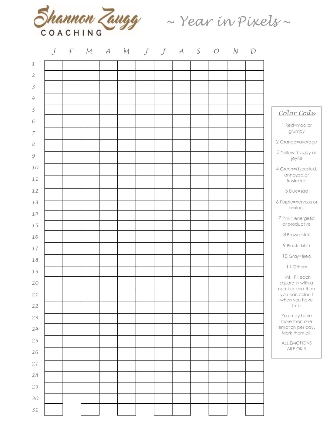 FREE Year in Pixels- Track your Emotions