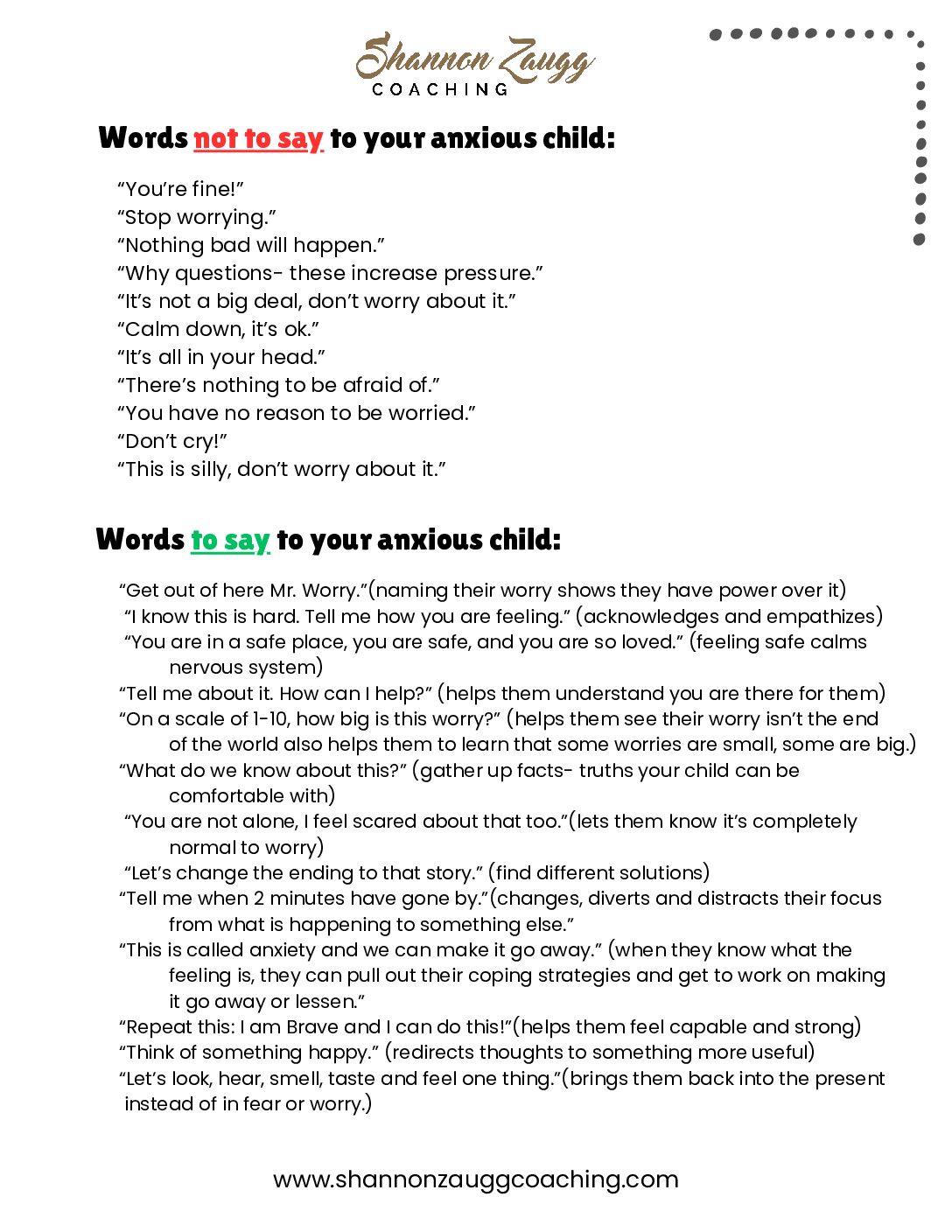 FREE- "Words to say and words not to say" to your anxious child